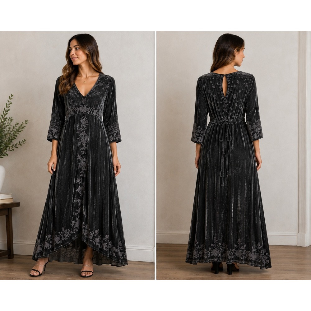 Johnny Was Maxi Dress Gray Silk Blend Velvet Embroidered Boho XS